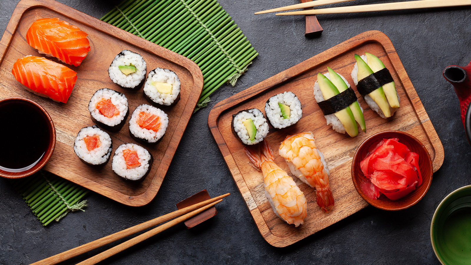 Sushi arranged on two plates