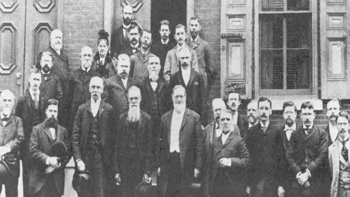Dr. E.M. Howard and a group of local physicians are pictured outside the first hospital in the city of Camden, circa 1885.