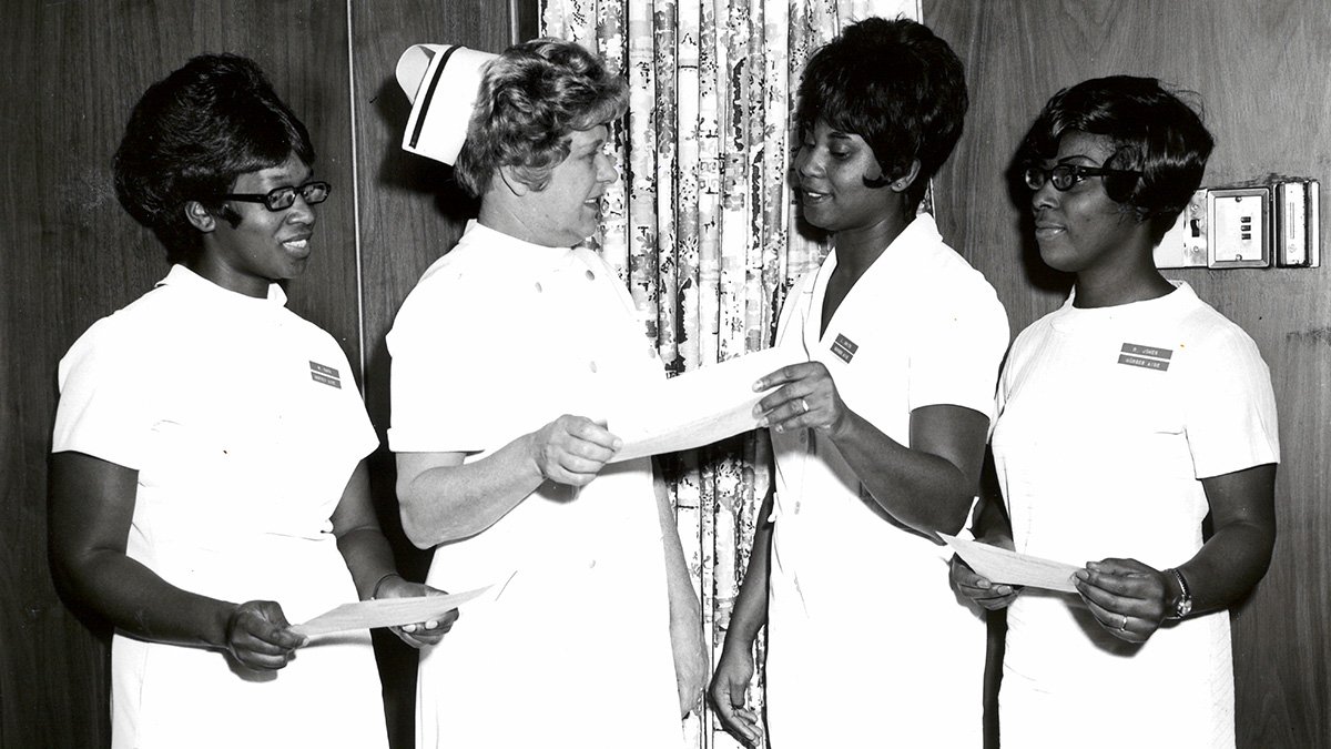 Black and white photo of nursing staff from West Jersey Health System circa 1982.