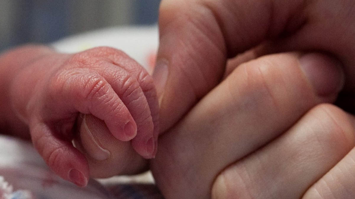 Close-up of newborn baby's hand wrapped around an adult's finger