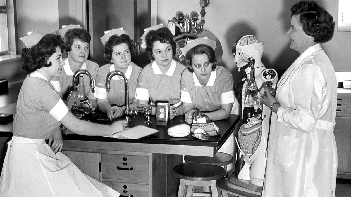 A group of nurses from Our Lady of Lourdes School of Nursing's first class, circa 1961