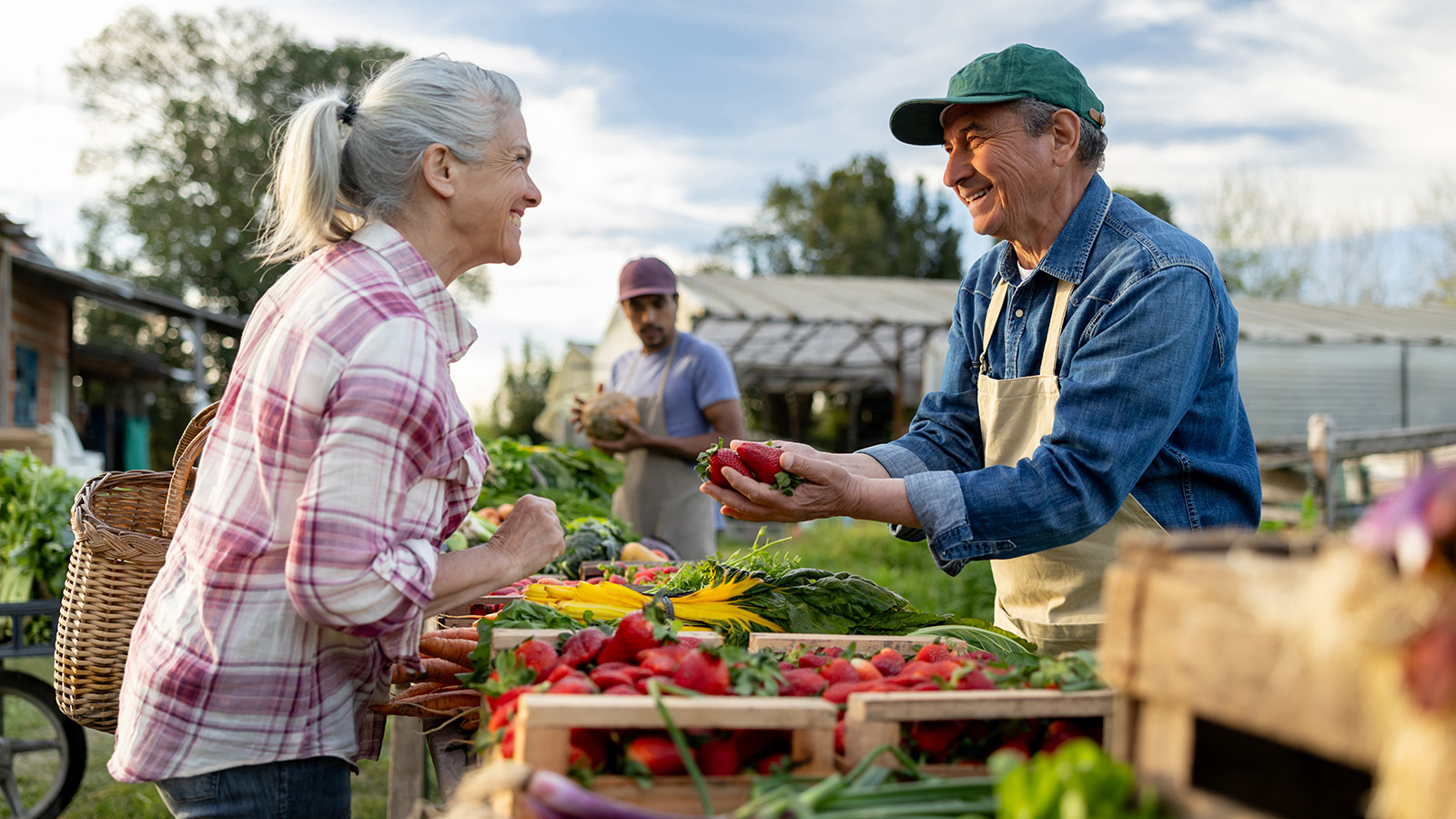 Older man handing older woman some produce at a farm stand