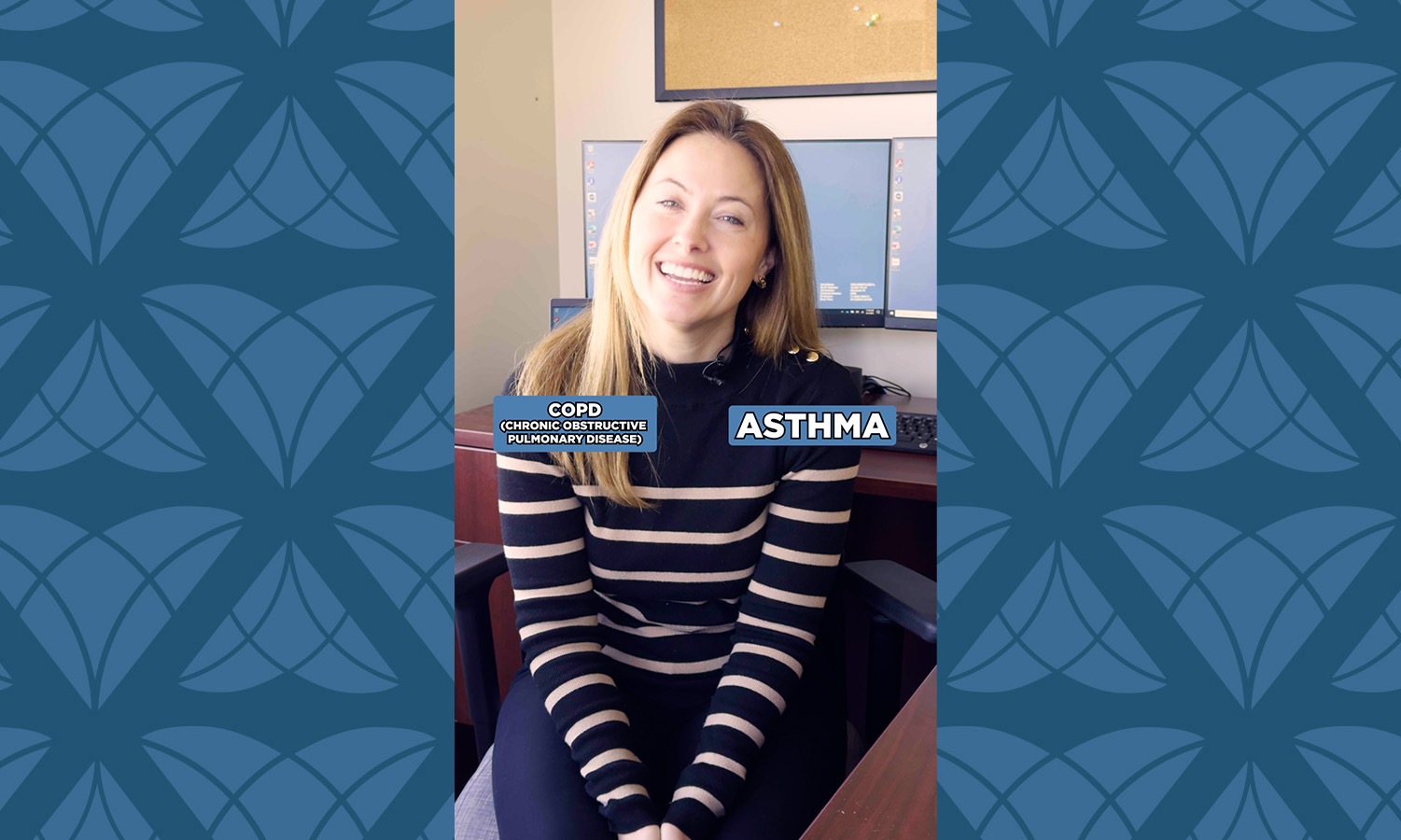 woman with striped shirt smiling in office background, "COPD (chronic obstructive pulmonary disease" and "Asthma" text on-screen