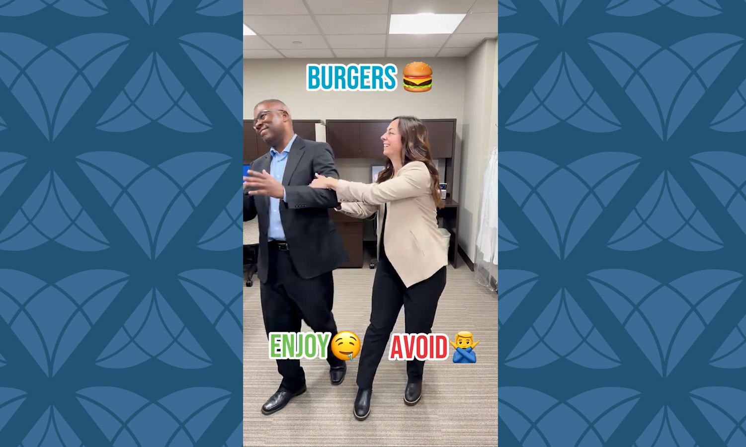 Still image of YouTube short, showing a male and a female with overlay text "Burgers" "Enjoy" and "Avoid"