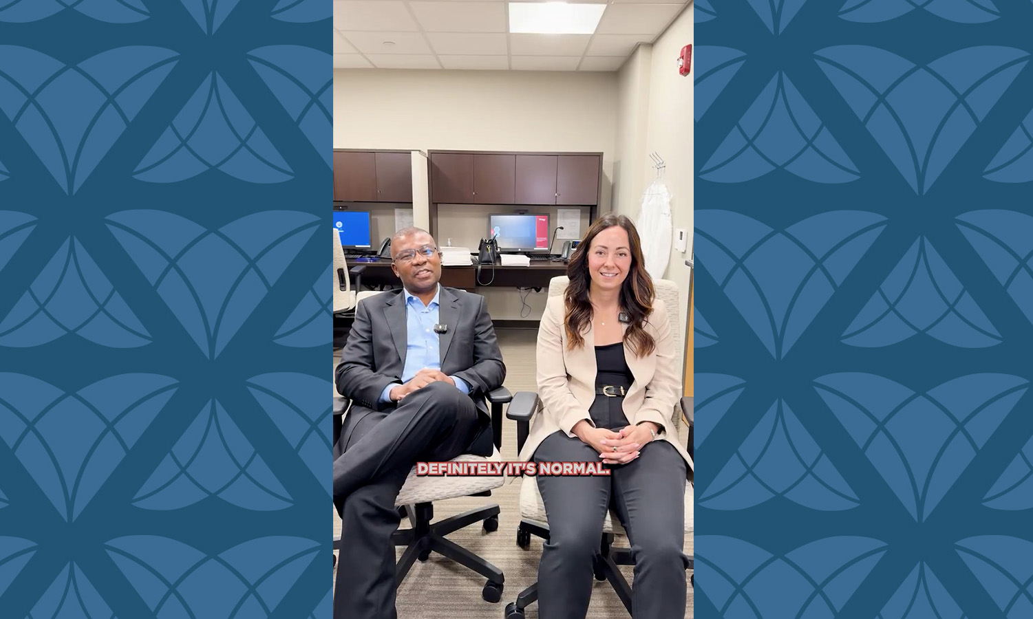 Male surgeon and female program coordinator for Virtua Complete Weight Management Program sitting in computer chairs in an office setting